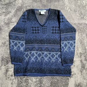 Vintage France Blue and Black Pattern Grandma Knit Sweater